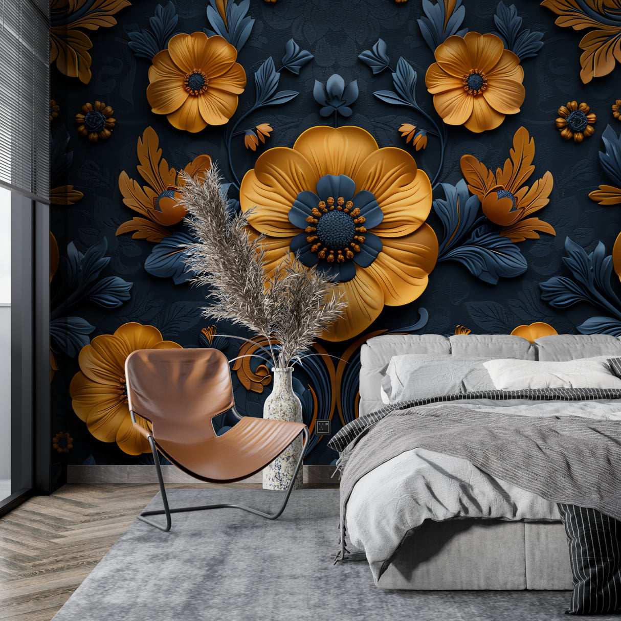 Modern floral wall mural enhancing entryway with bold orange and navy design