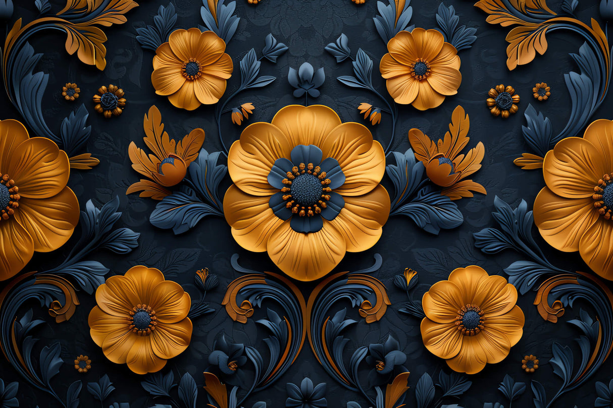 3D floral wallpaper design file showing detailed orange blooms on navy background pattern