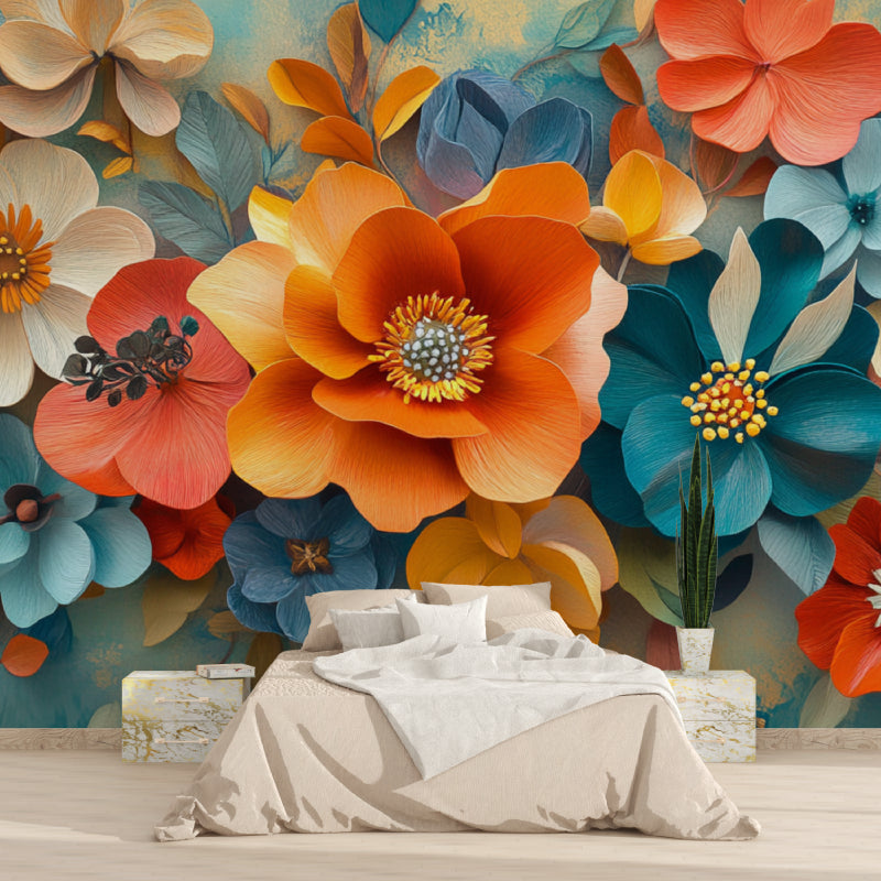 3D floral wallpaper creating a stunning accent wall in modern living room with orange and teal blooms