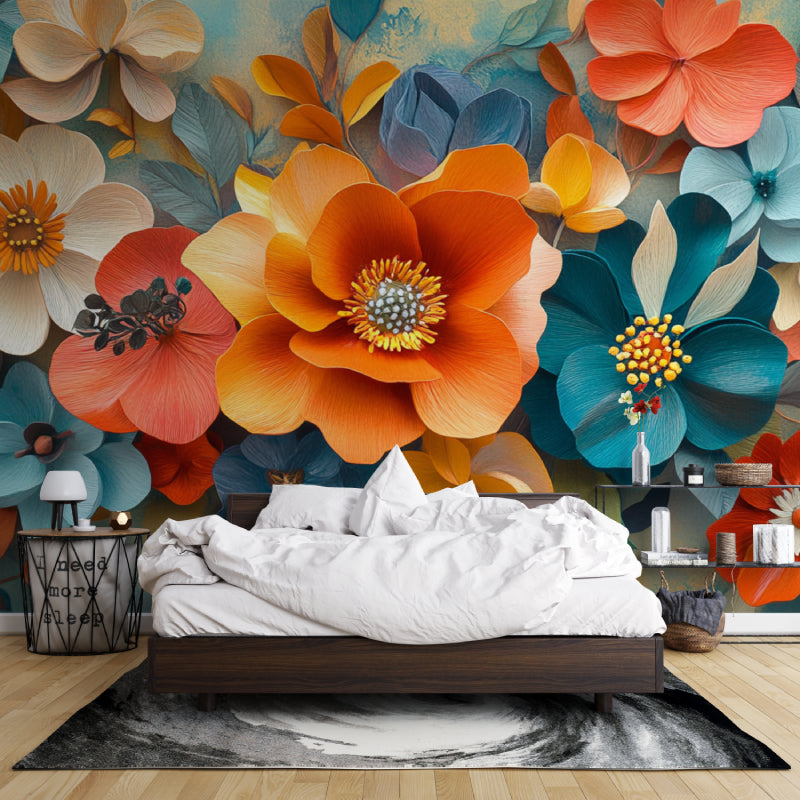 Dramatic flower wall mural brightening up a dining room with 3D orange blooms