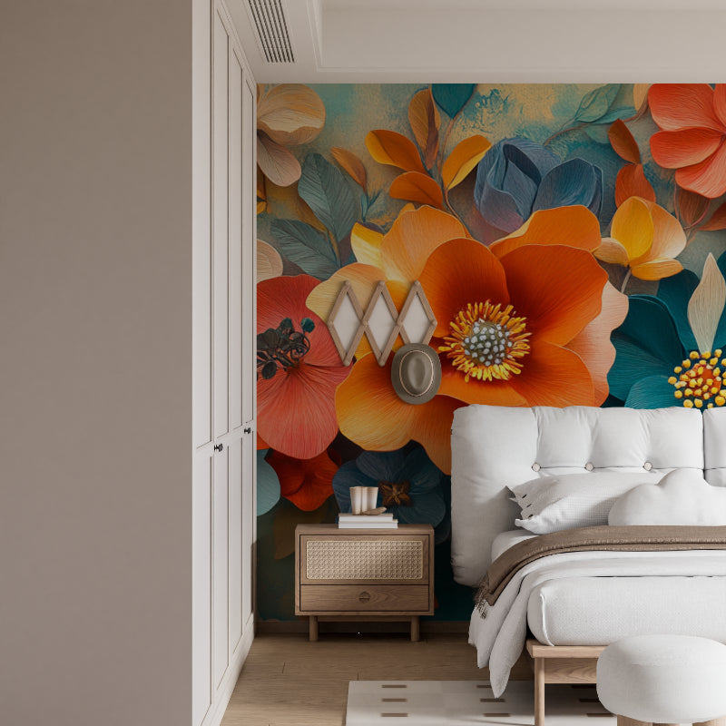 3D floral mural wallpaper making a statement in home office with orange and teal colors