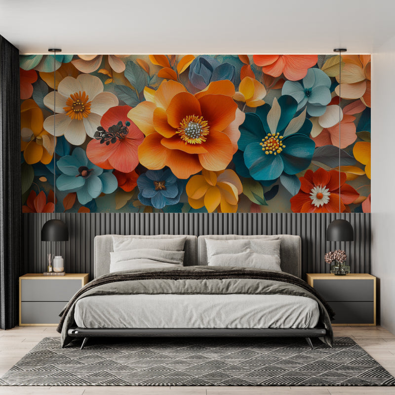 Bold orange and teal flower wallpaper transforming master bedroom wall