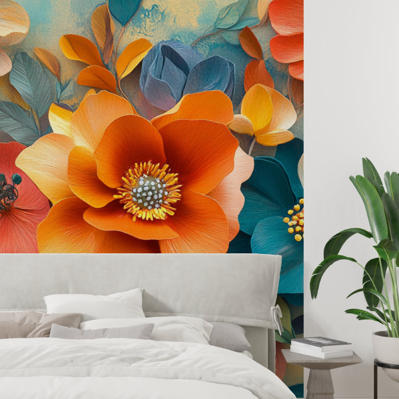 Floral wall mural adding depth to hallway with striking orange and teal bloom pattern