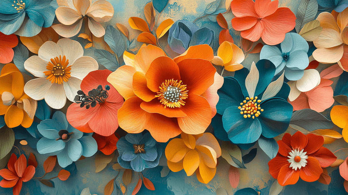 Design file showing detailed 3D orange and teal floral pattern on white background