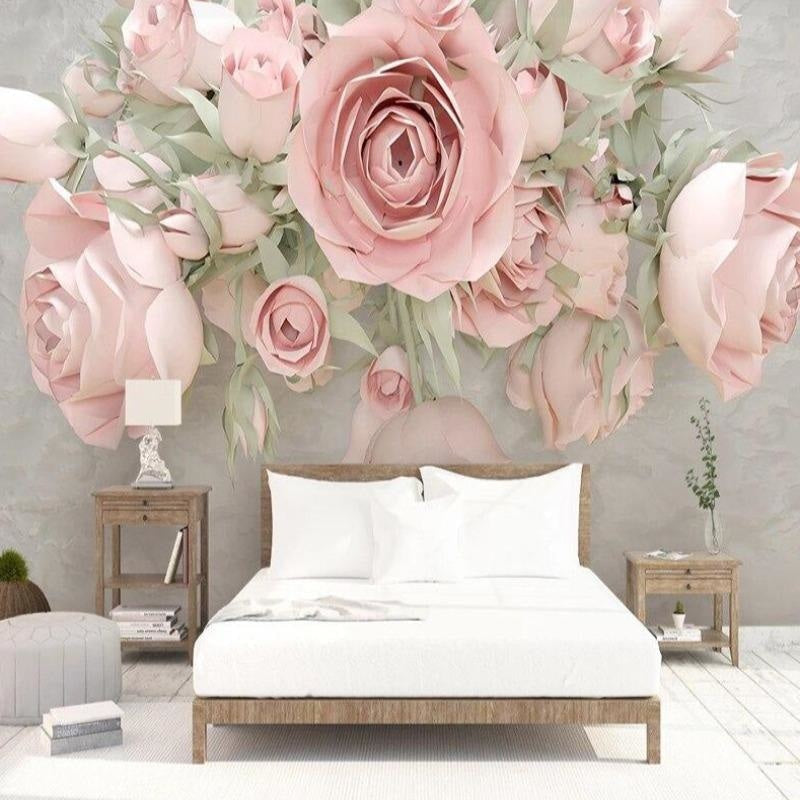 Pink 3D rose wallpaper mural in modern bedroom showing realistic floral detail and depth effect