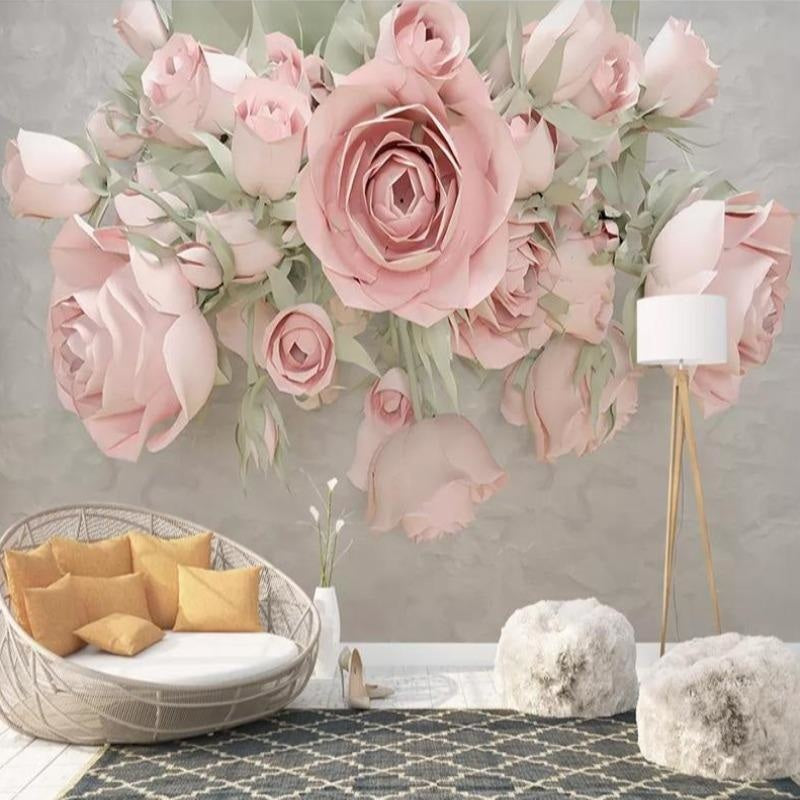 3D floral wallpaper with pink roses and sage leaves creating depth in elegant living room setting