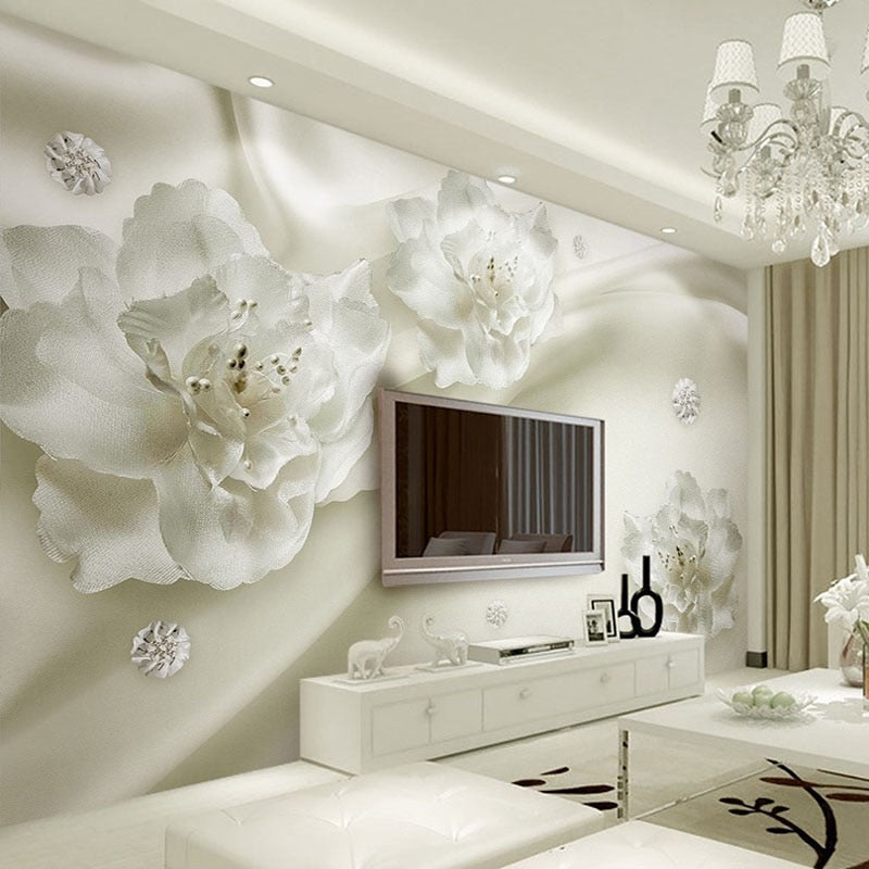 Elegant white flower wall mural in a master bedroom setting showing the 3D effect of the petals