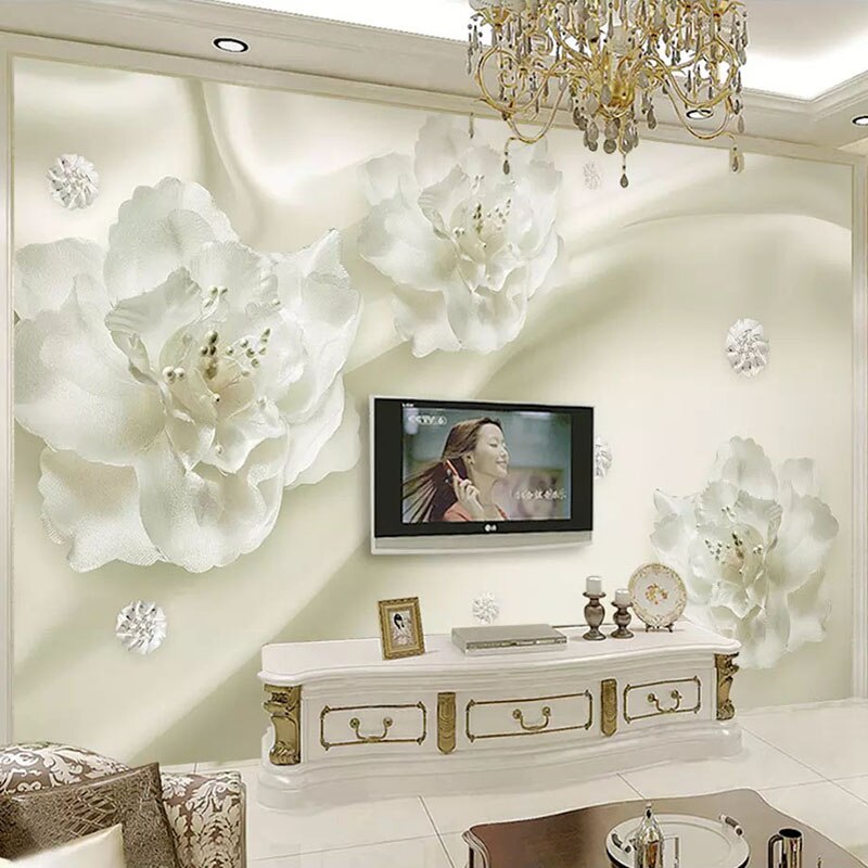 Modern white flower wallpaper installation in a bright hallway showing scale of the blooms