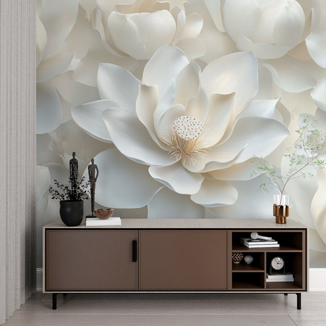 White lotus 3D wallpaper in modern living room with minimalist furniture