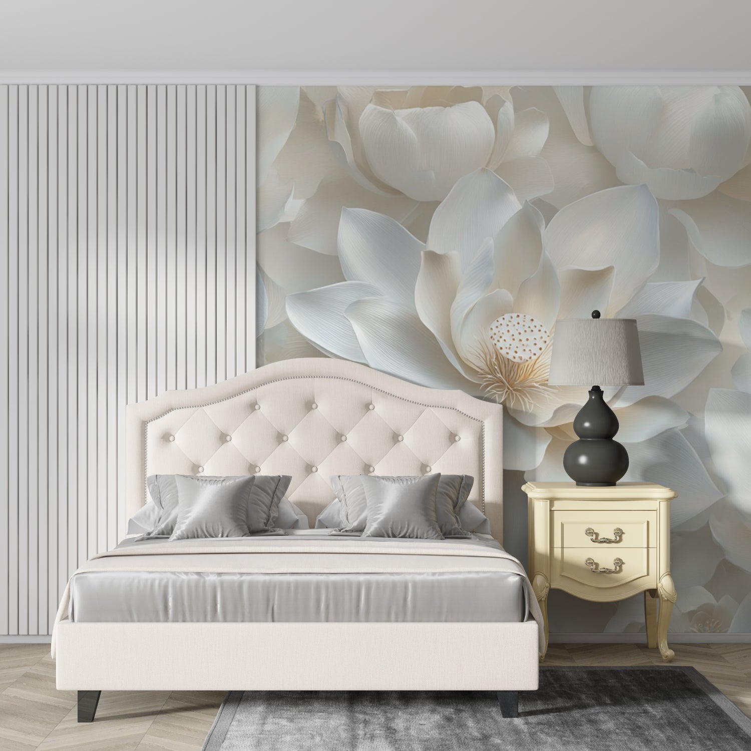 White lotus bloom wallpaper in luxury bathroom setting