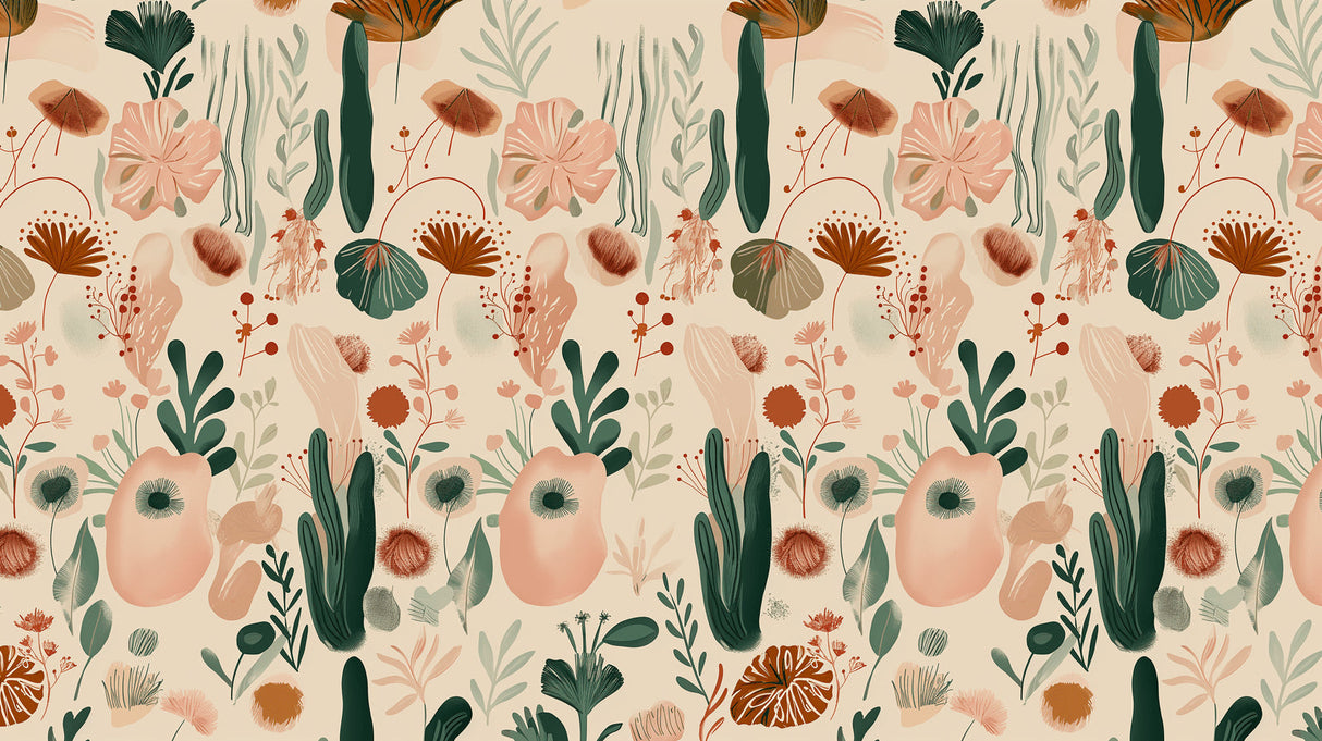 Modern botanical wallpaper in bright living room with natural light showing terracotta and green color scheme