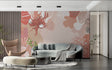 Abstract floral wallpaper in modern living room showing warm terracotta tones and flowing botanical forms