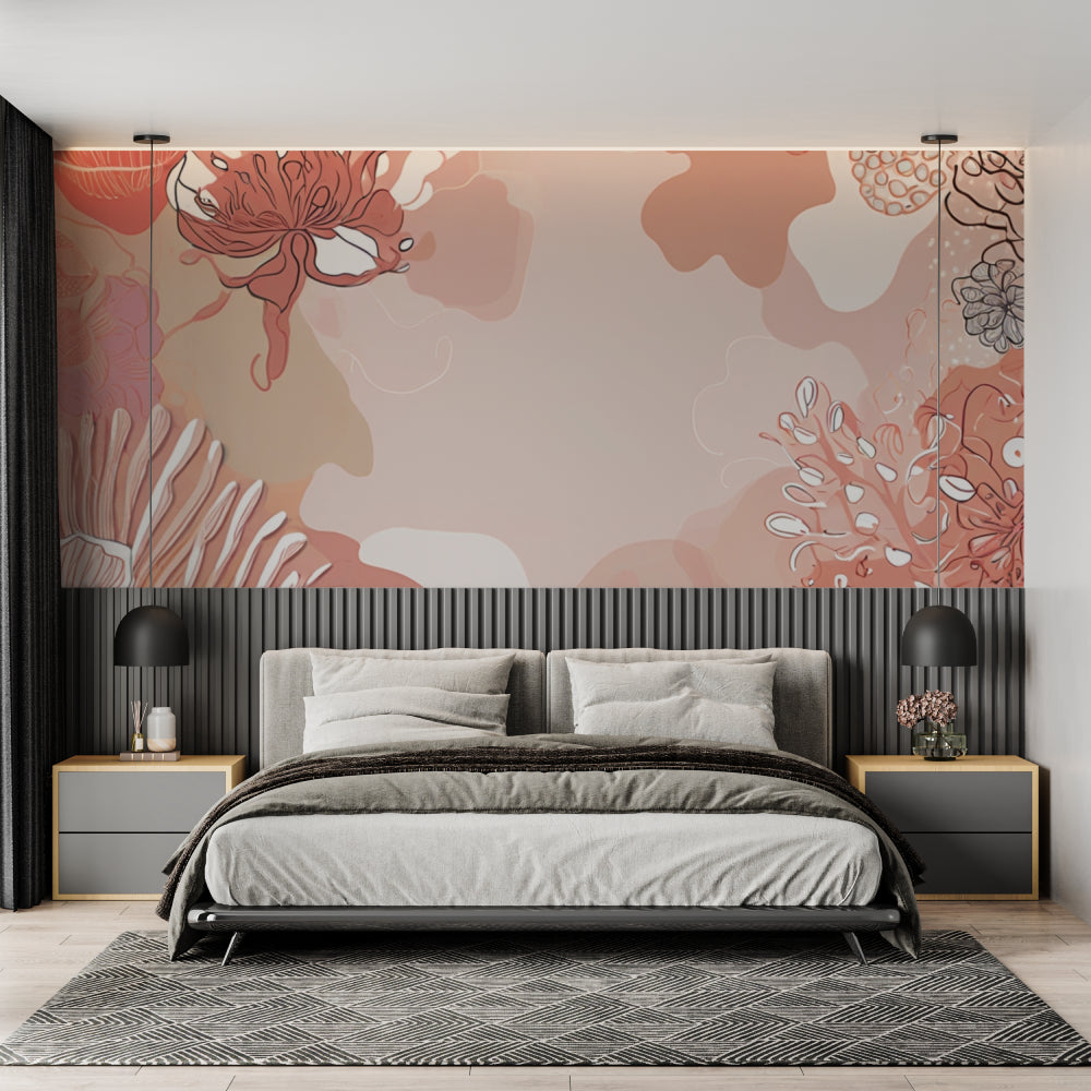 Terracotta abstract floral mural creating calm atmosphere in master bedroom