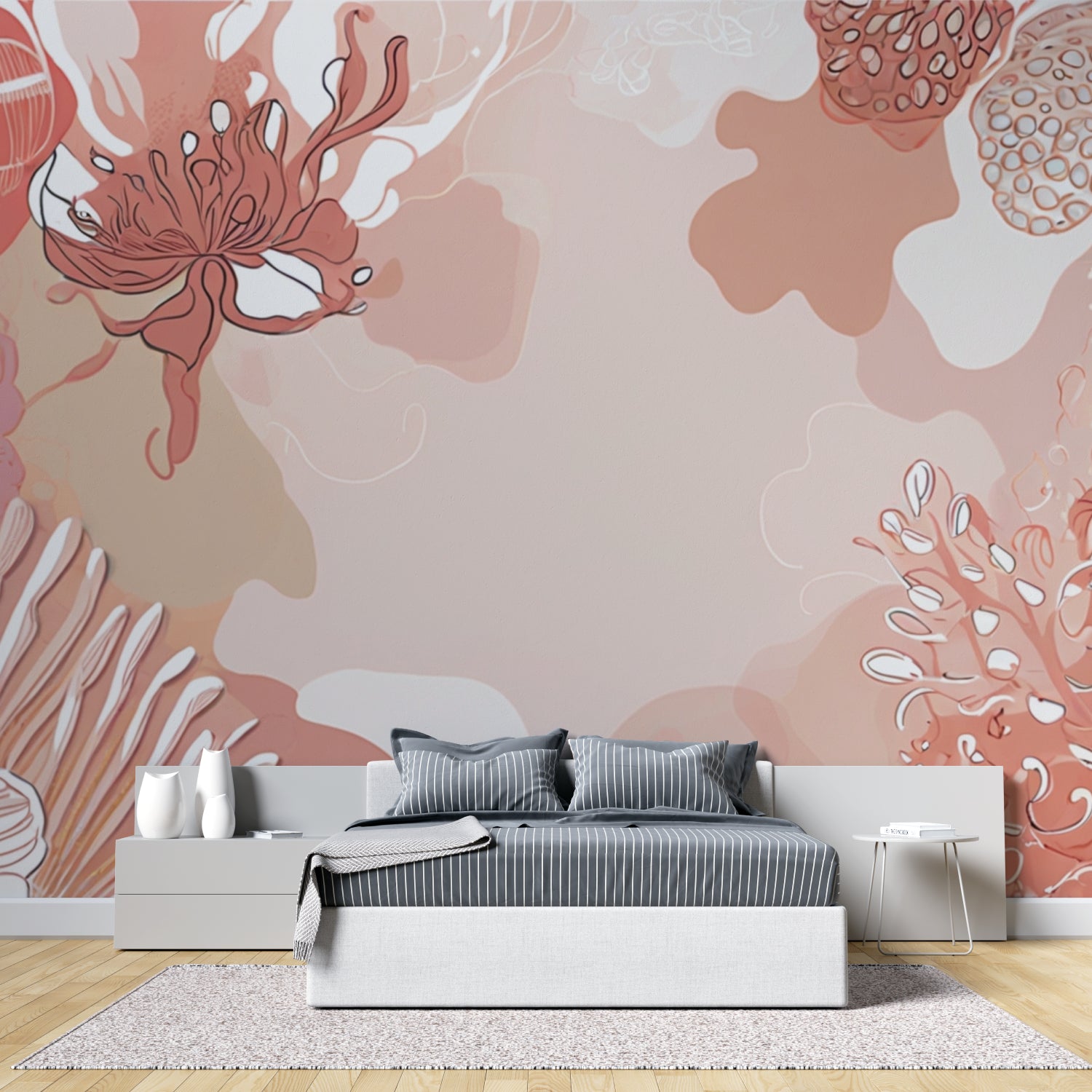Modern dining room featuring abstract botanical wallpaper in soft terracotta shades