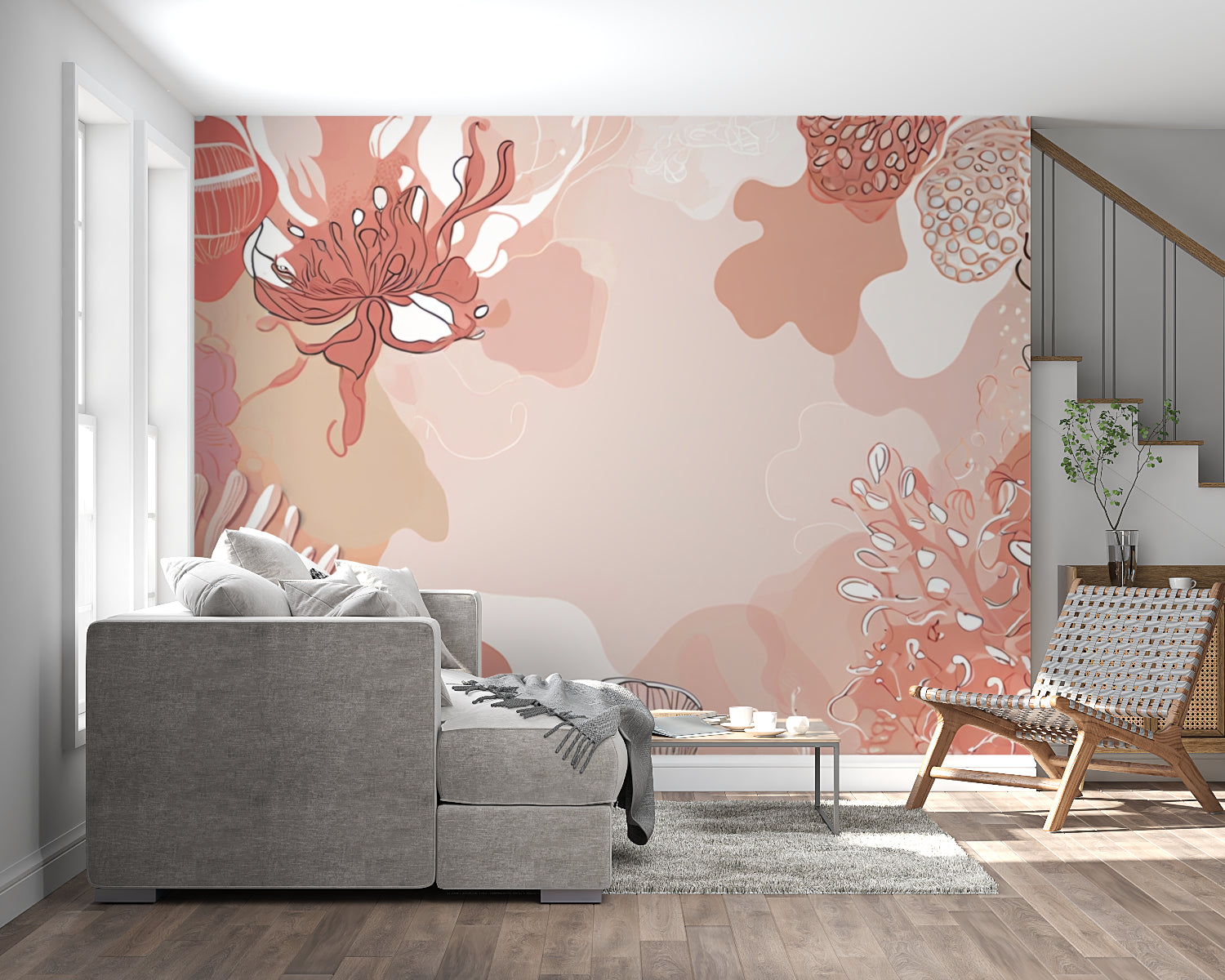 Home office space with elegant floral wall mural in warm terracotta tones