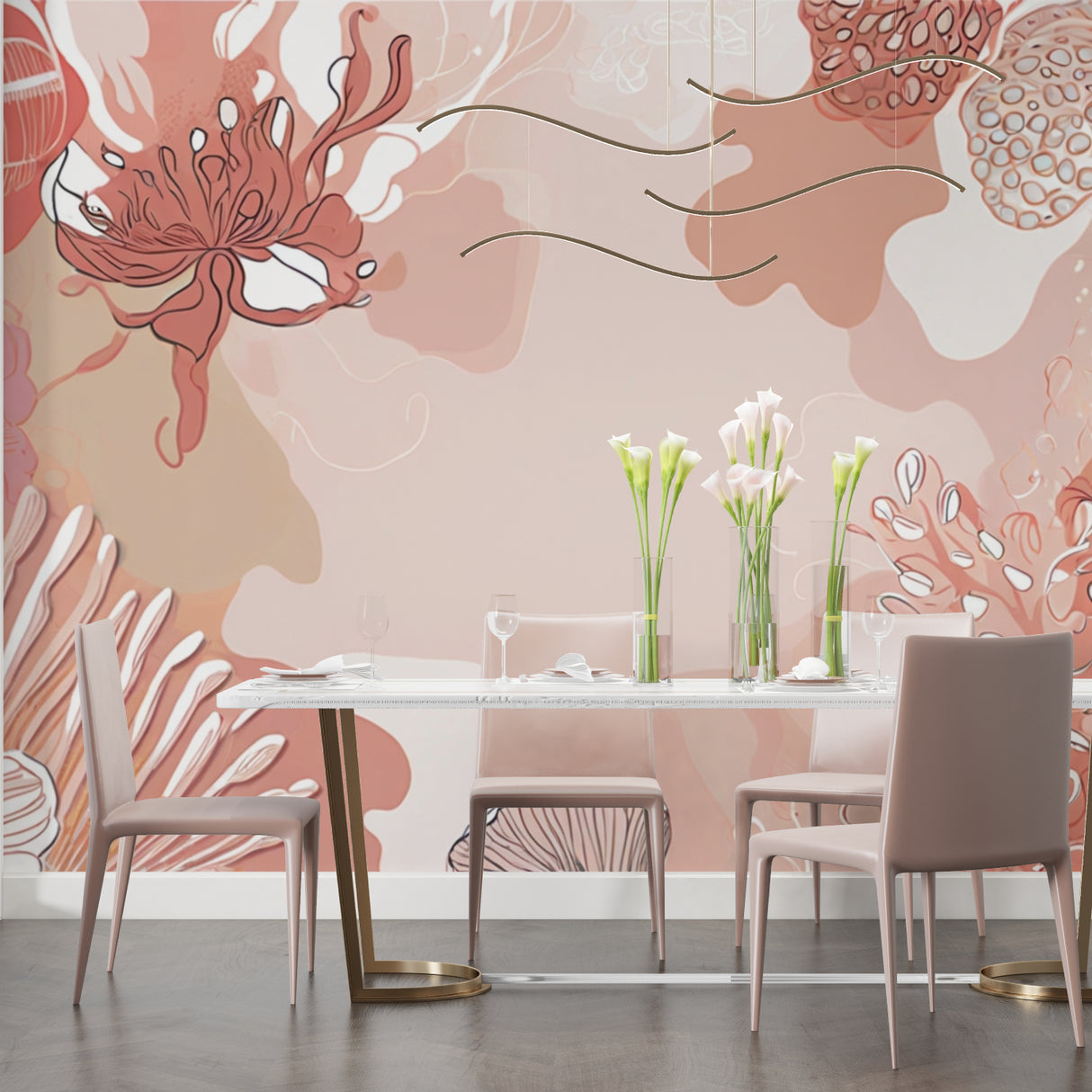 Abstract terracotta wallpaper creating artistic focal point in entryway