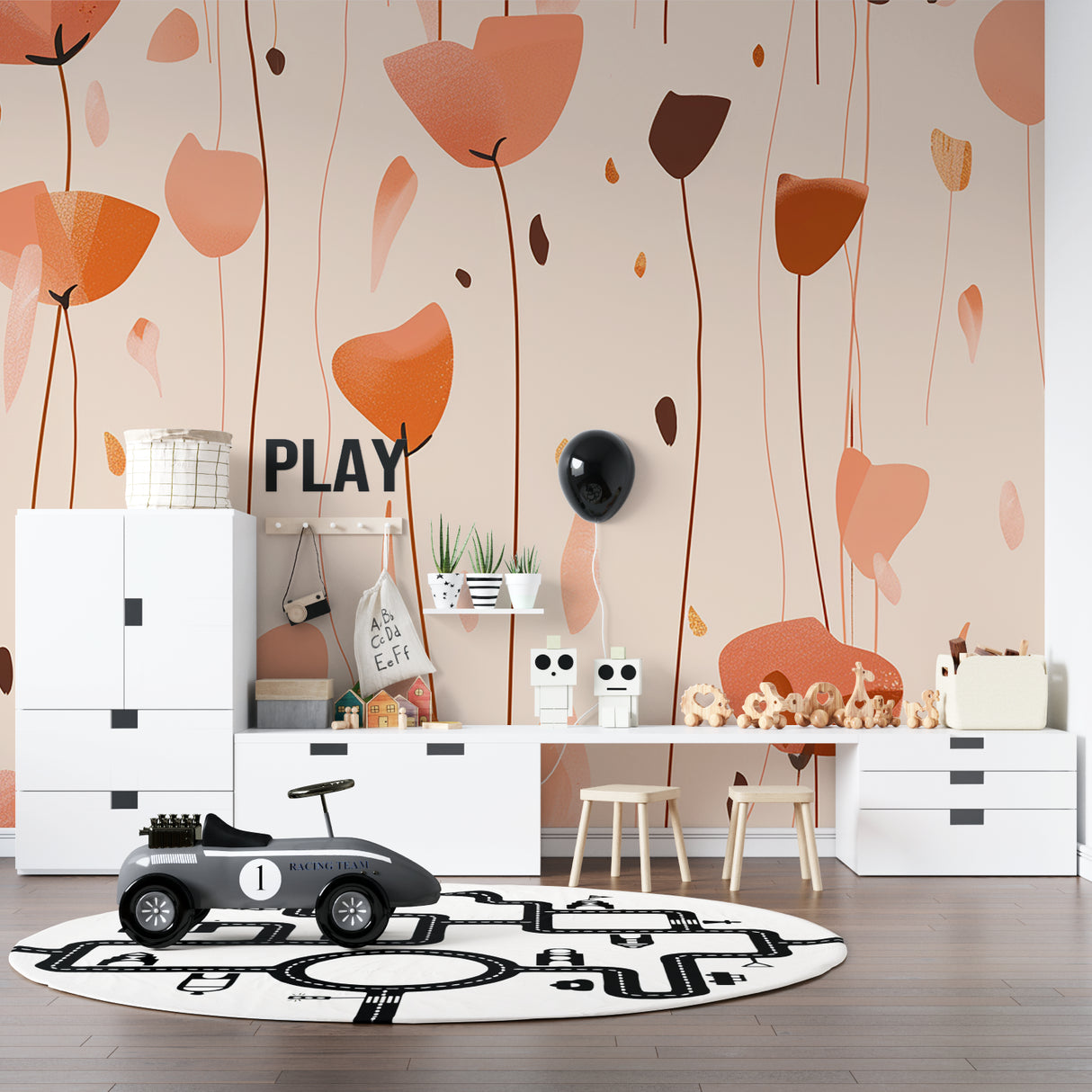 Modern living room with abstract floral wallpaper in warm terracotta tones creating a cozy atmosphere