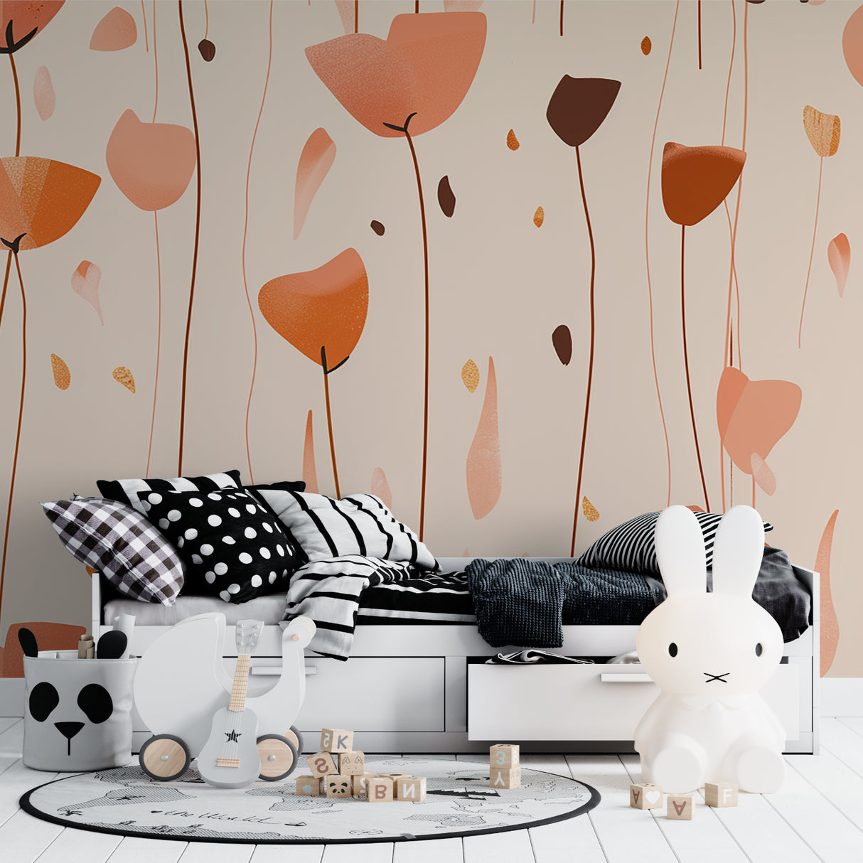 Bedroom featuring terracotta abstract flower wallpaper mural with soft morning light