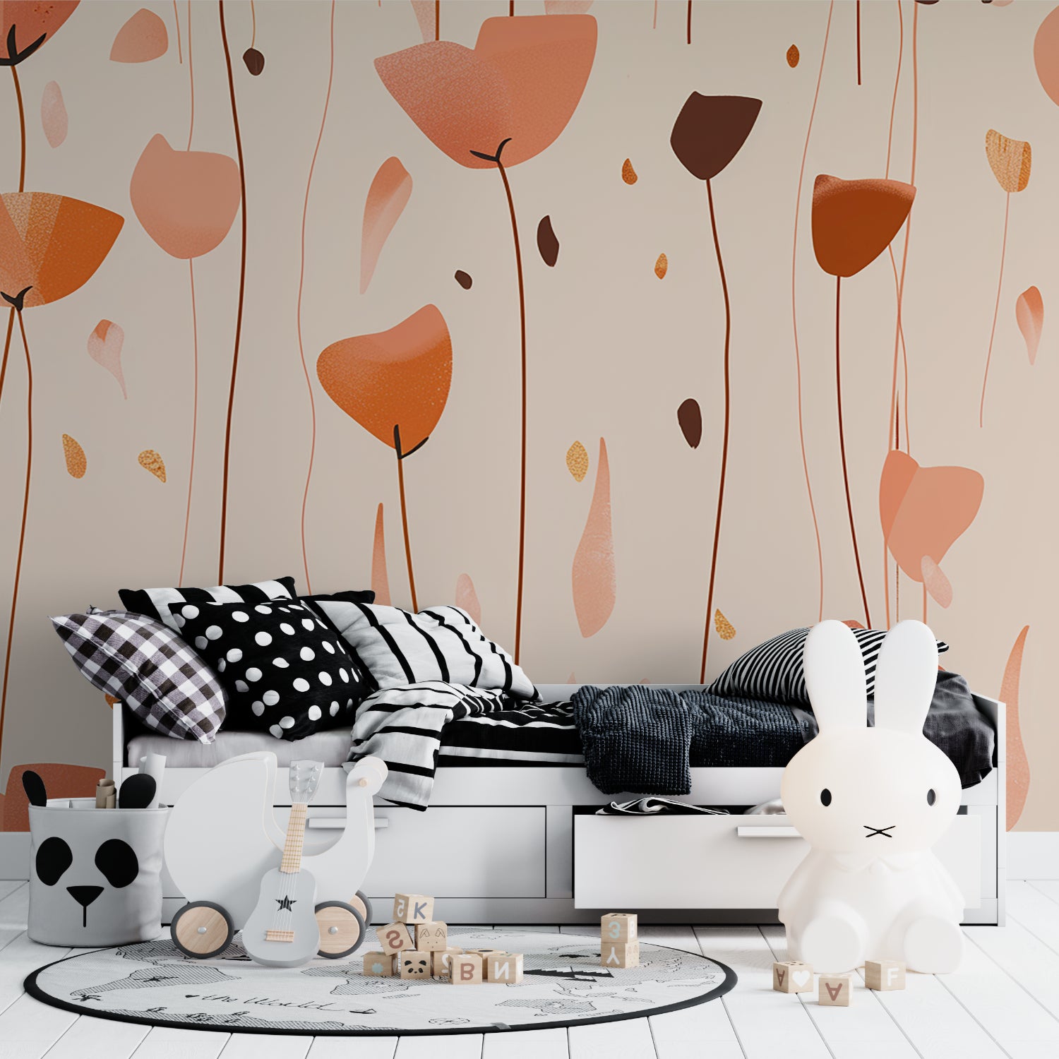 Bedroom featuring terracotta abstract flower wallpaper mural with soft morning light