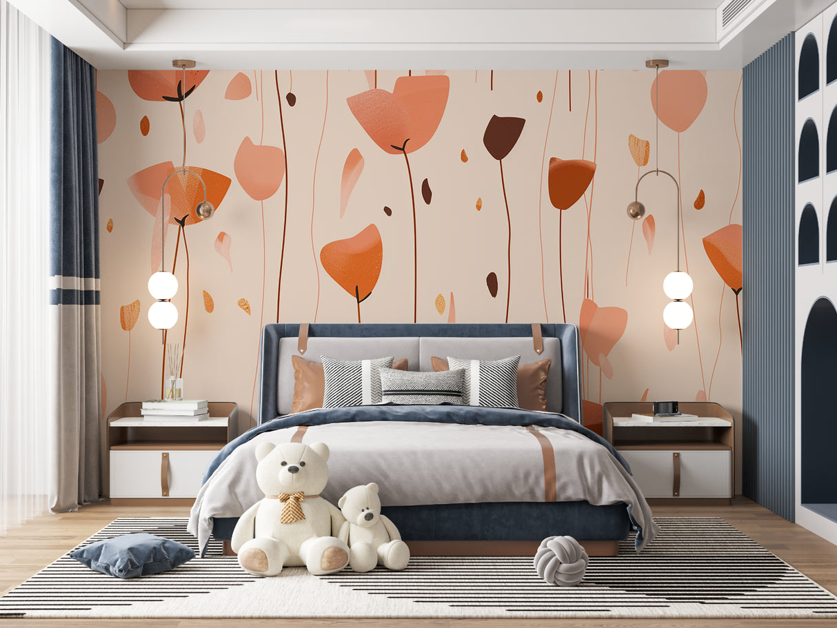 Dining room showcasing abstract bloom wallpaper with golden hour lighting