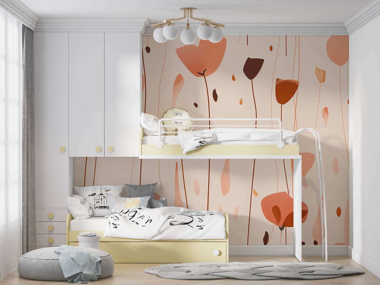 Nursery with gentle terracotta floral mural creating a peaceful environment