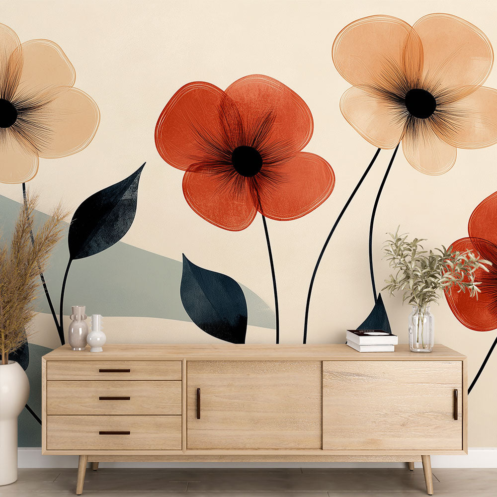 Modern floral wallpaper with terracotta blooms bringing warmth to a minimalist living room setting