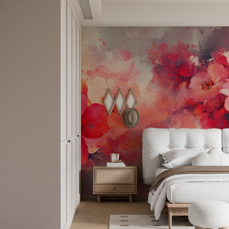 Red Floral Watercolor Wallpaper in modern living room with grey sofa and natural light