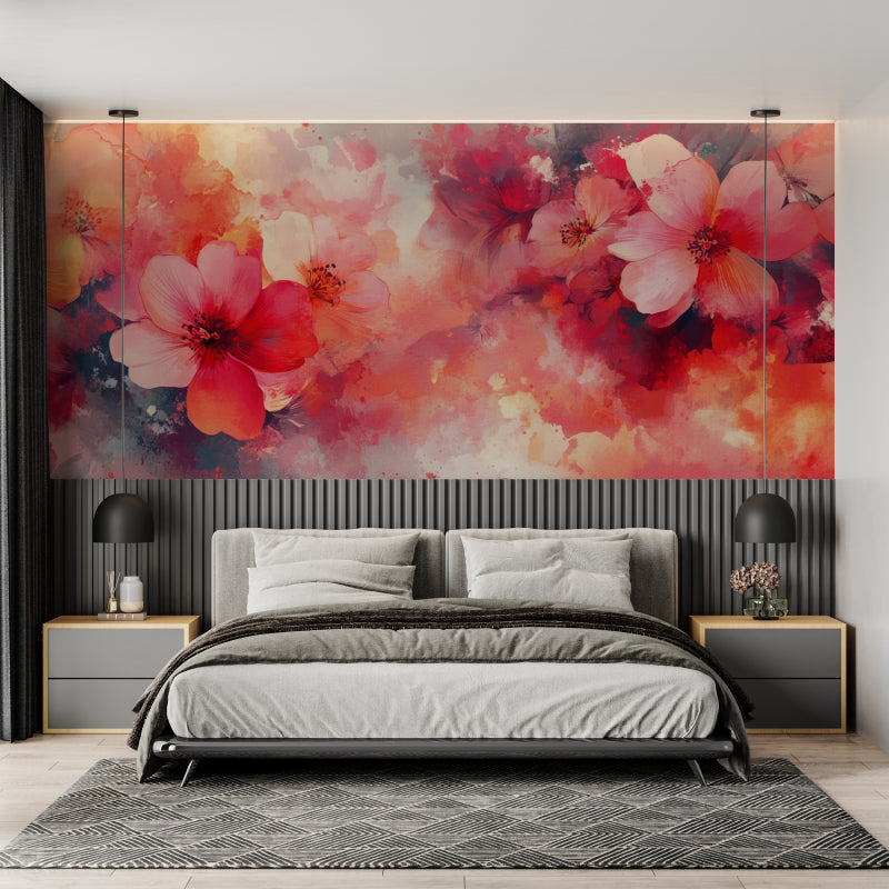 Abstract Floral Wallpaper creating warm atmosphere in master bedroom