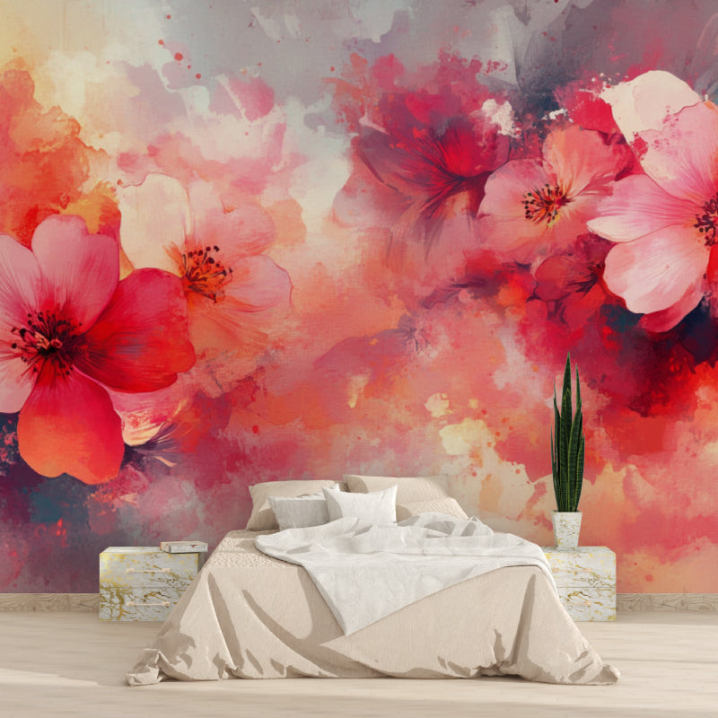 Watercolor Red Blooms Wallpaper in dining room with wooden table