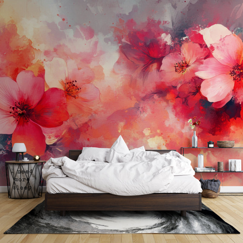 Red Floral Wall Mural in home office with white furniture