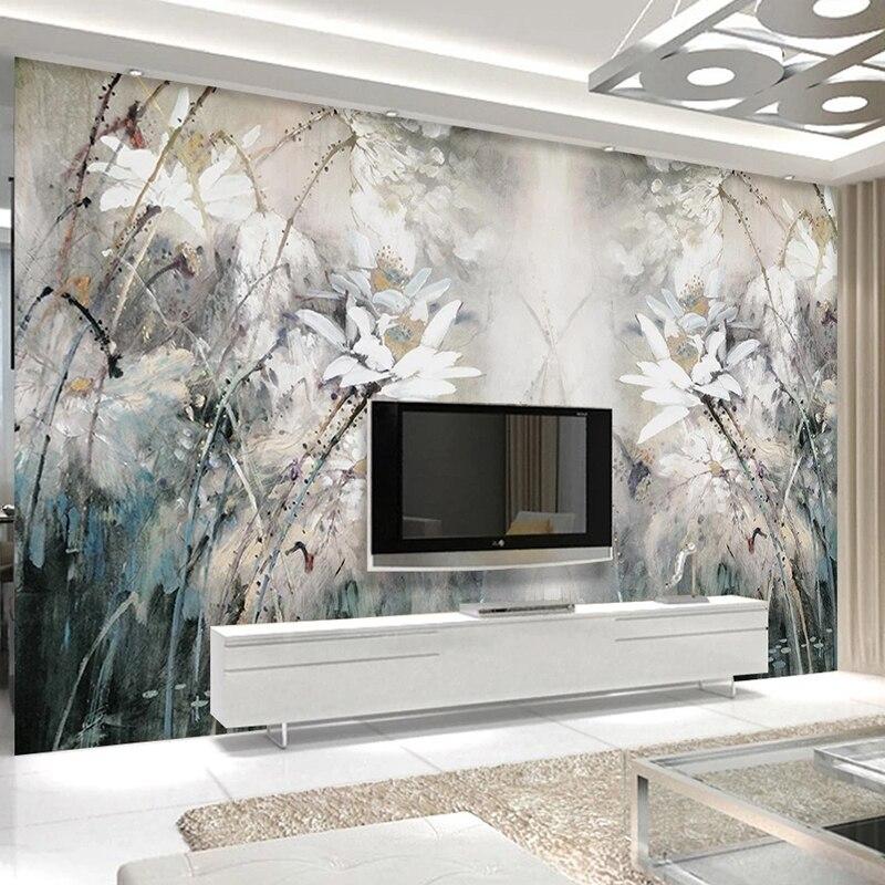 White lotus wallpaper mural in modern living room showing serene watercolor design