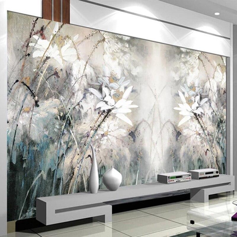 Abstract lotus wall mural creating calm atmosphere in master bedroom