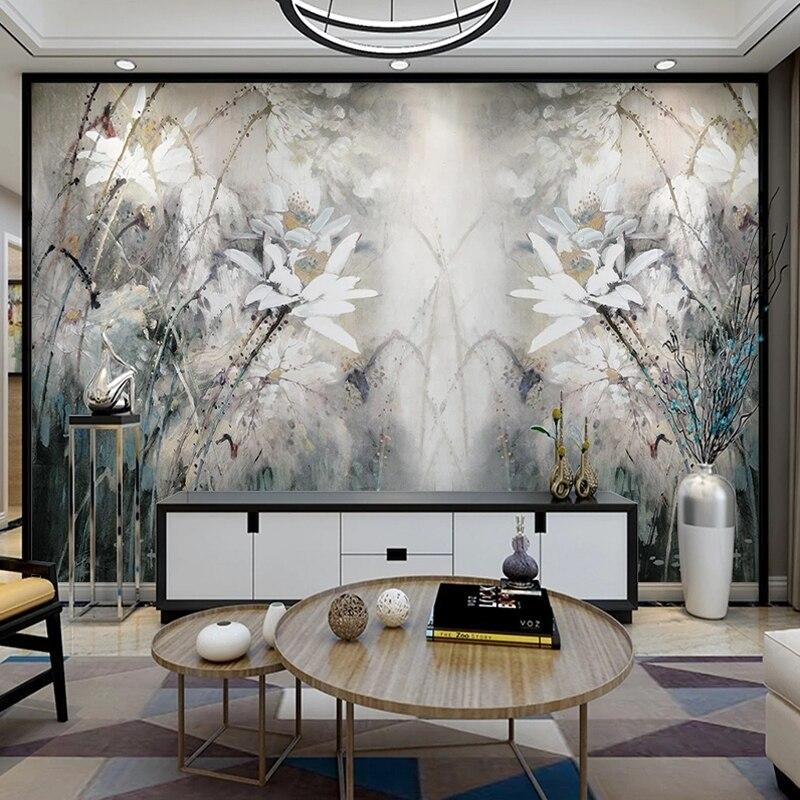 Watercolor lotus wallpaper adding elegance to dining room wall