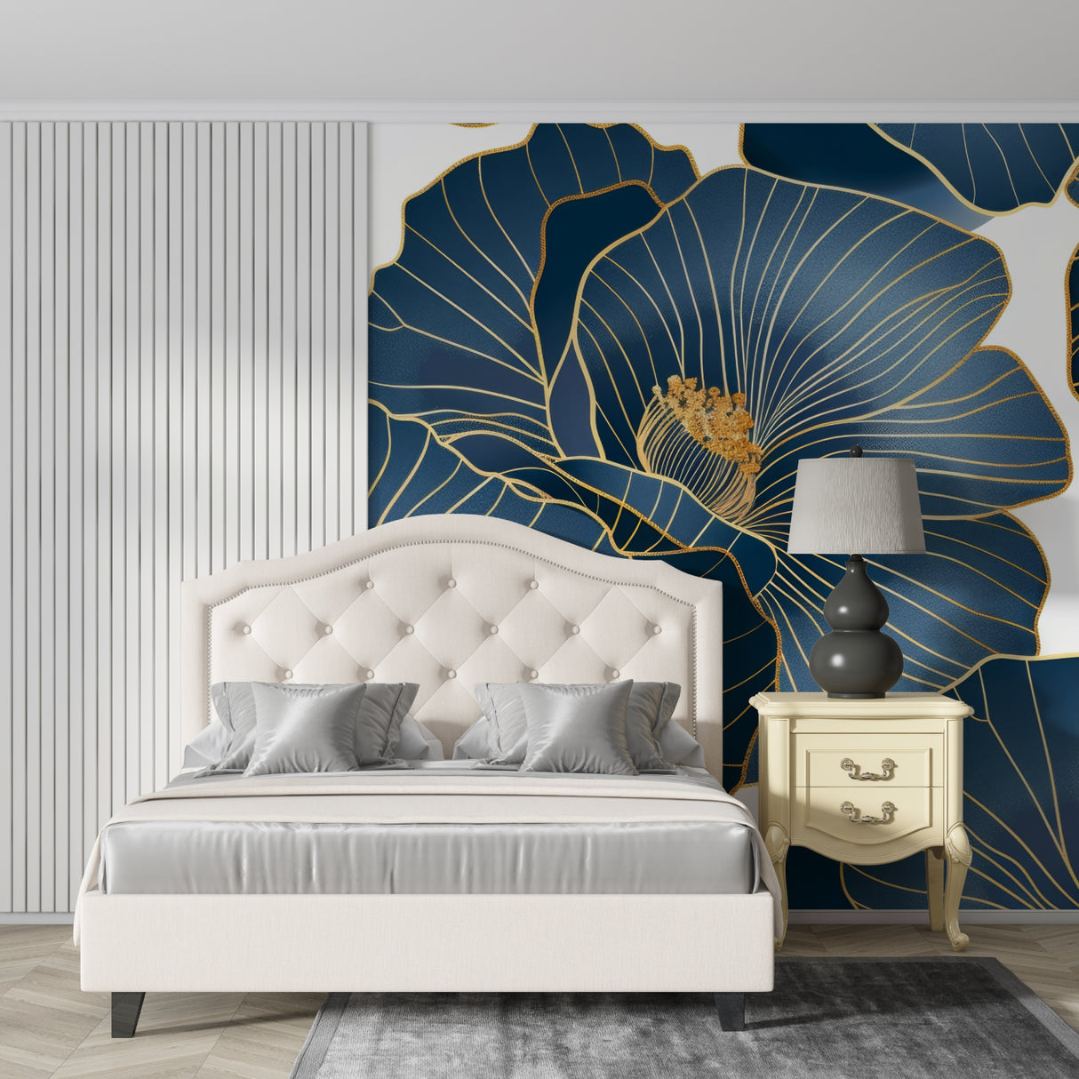 Navy and gold art deco floral wallpaper in modern living room with high ceilings and contemporary furniture