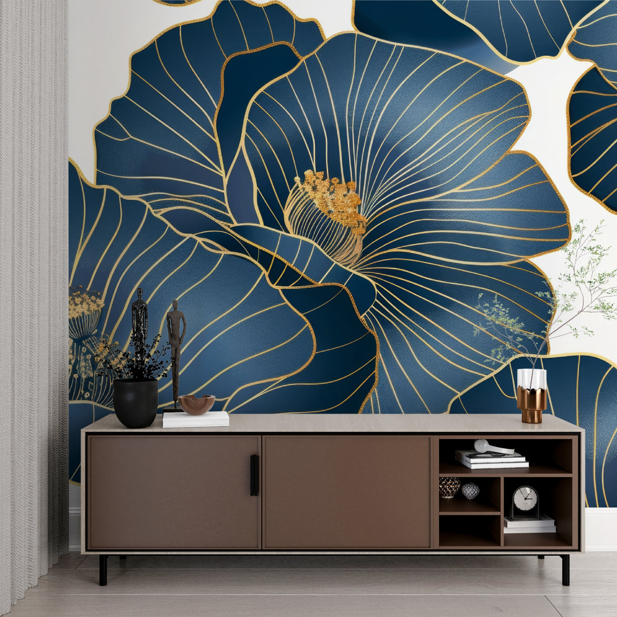 Art deco floral mural wallpaper creating luxury hotel feel in master bedroom