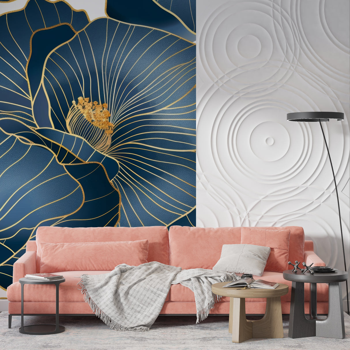 Gold and navy floral wallpaper making statement wall in dining room