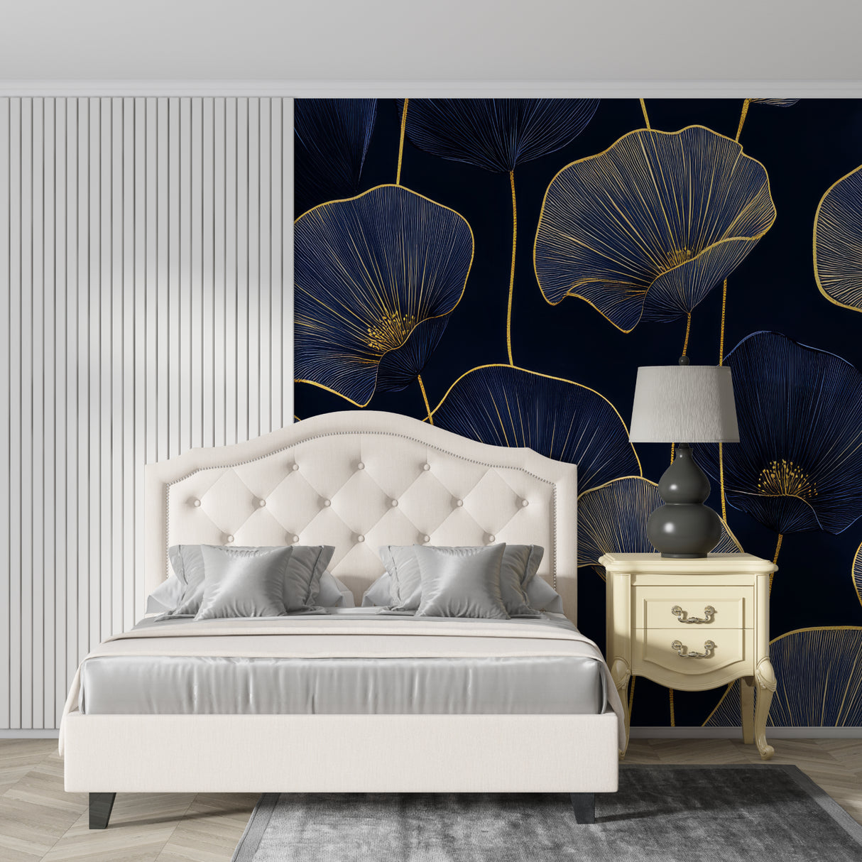 Navy and gold Art Deco floral wallpaper in modern living room with plush velvet sofa