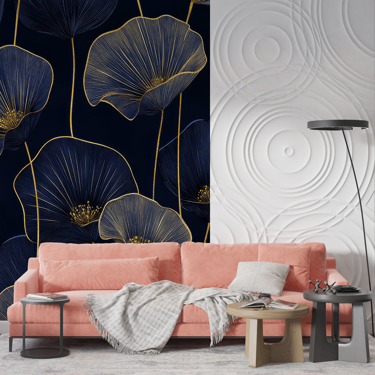 Elegant dining room featuring navy and gold floral wall mural with crystal chandelier