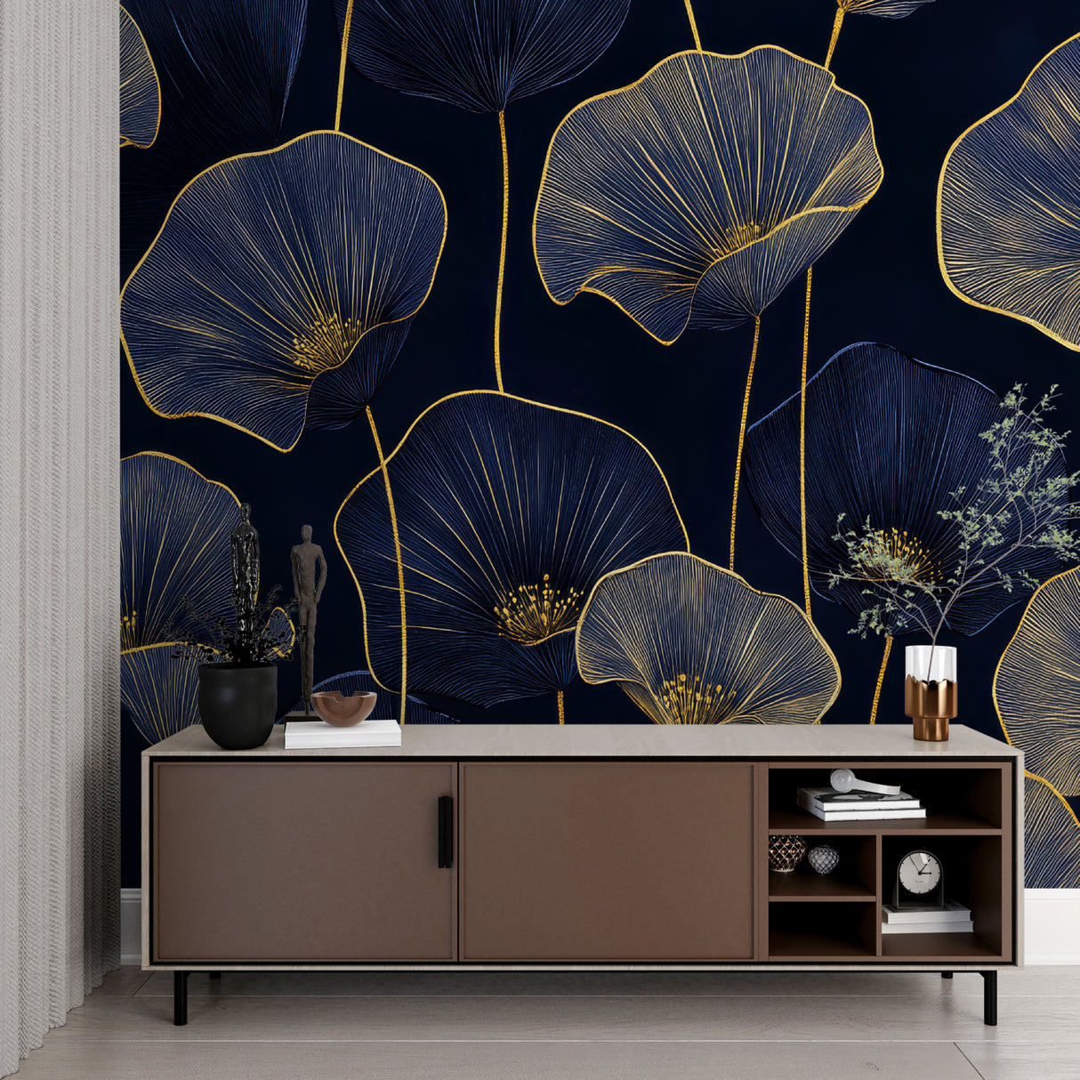 Master bedroom with Art Deco navy floral wallpaper creating luxury hotel feel