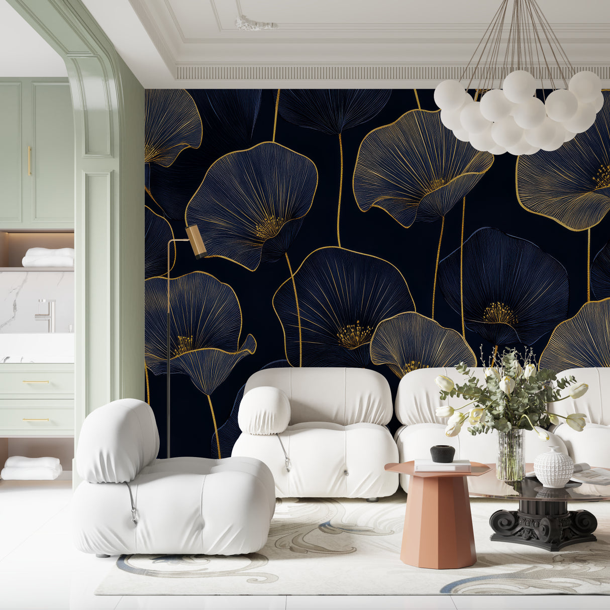Home office space with navy and gold botanical wallpaper adding sophistication