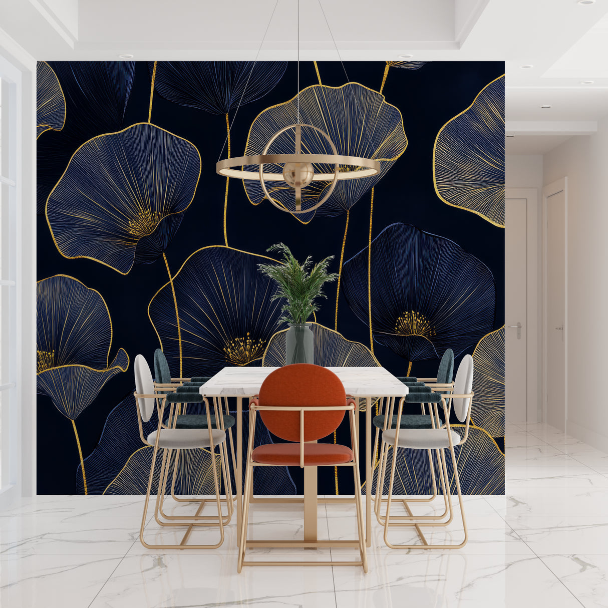 Entryway featuring Art Deco floral mural in deep navy with metallic gold accents