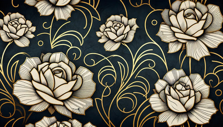 Art Deco rose pattern design file showing detailed gold line work and white blooms on navy background