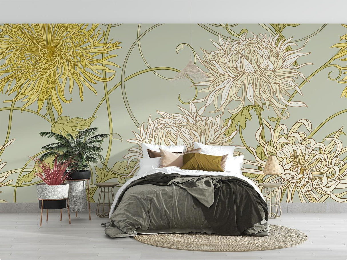 Art Nouveau chrysanthemum pattern making a statement in a home office space