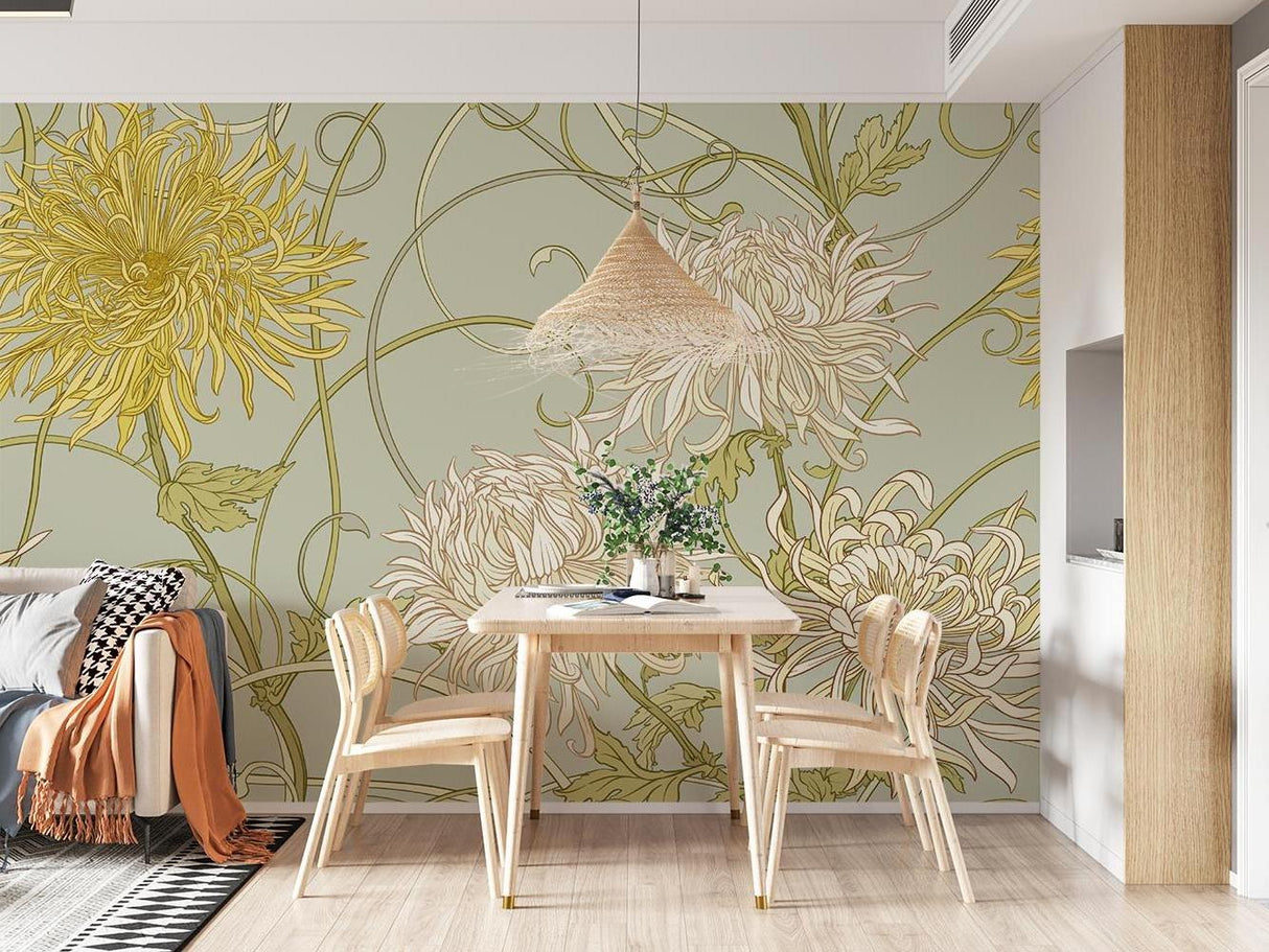 Floral art nouveau design creating depth in a reading nook with afternoon light