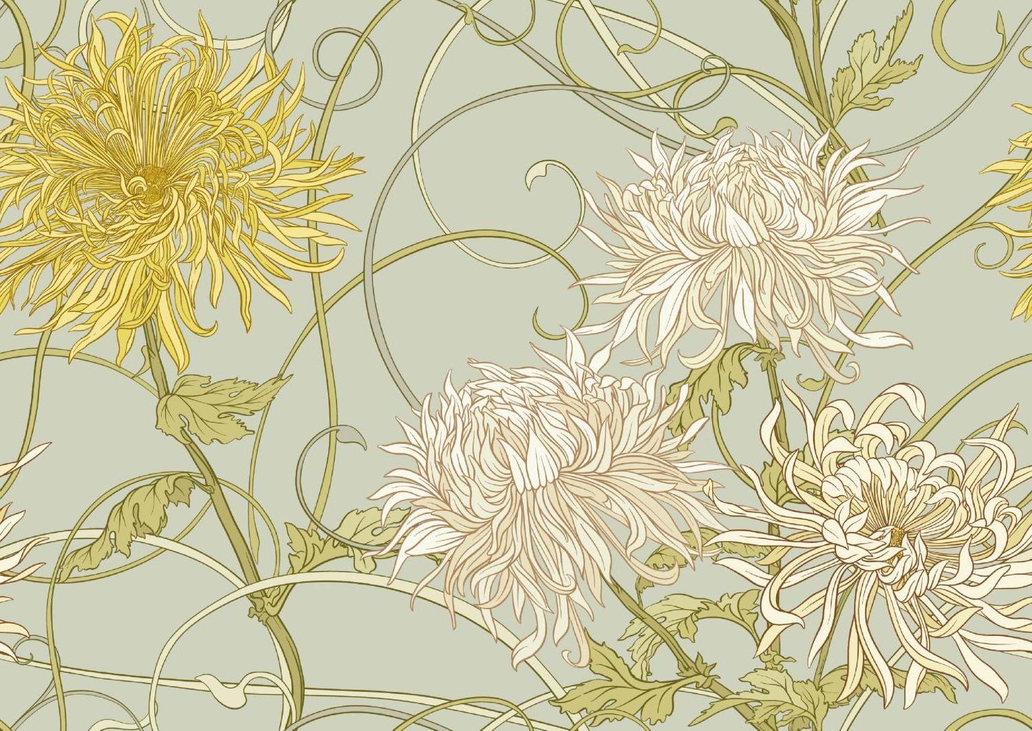 Art Nouveau Chrysanthemum design file showing intricate floral pattern with sage green background