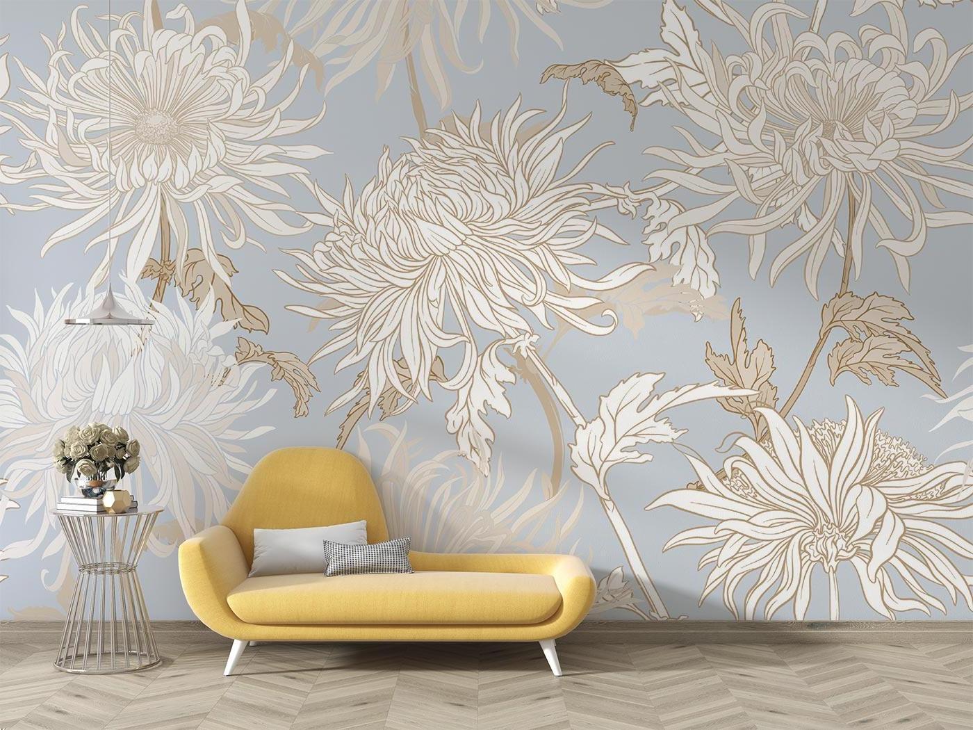 Chrysanthemum wall mural in home office showing detailed botanical pattern