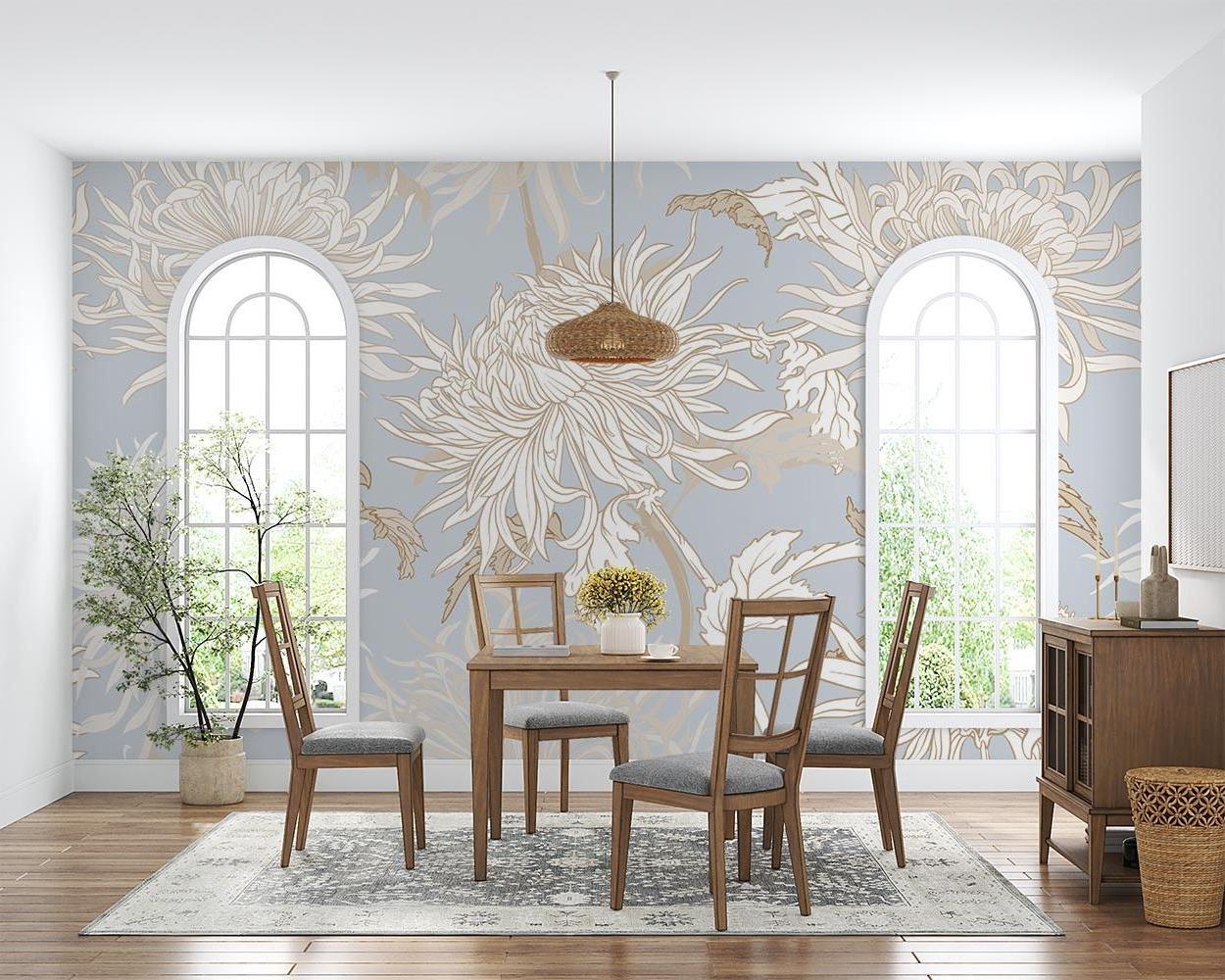 Botanical wall mural in entryway showcasing large-scale chrysanthemum blooms
