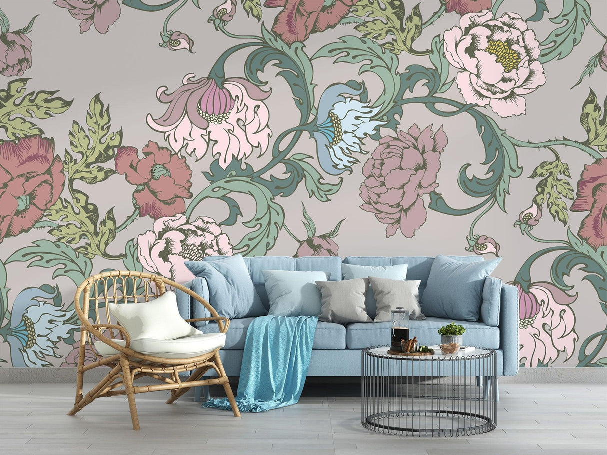 Art Nouveau floral wallpaper in modern living room showing flowing peony design against grey walls