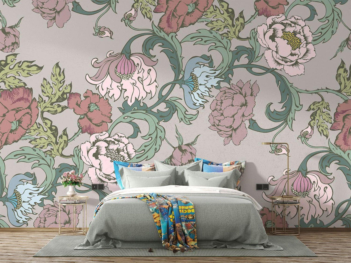 Botanical wall mural in master bedroom featuring pink peonies and teal vines
