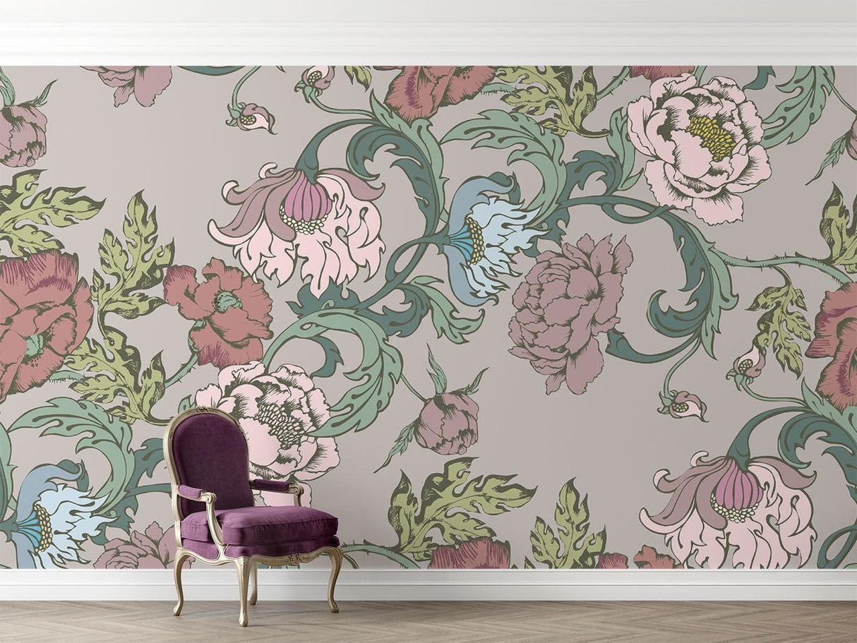Art Nouveau peony wallpaper creating elegant atmosphere in dining room